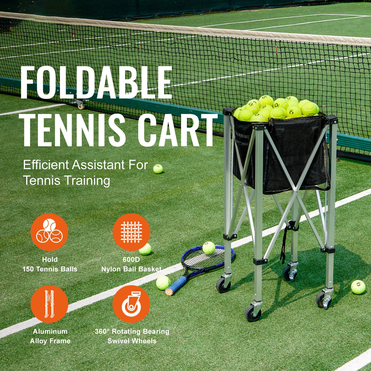 SucceBuy Foldable Tennis Ball Cart Holds 150/180 Tennis Balls Basket Hopper with Wheels for Sports Teaching Baseball Trolley