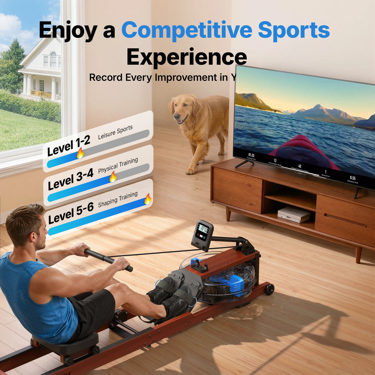 Merach R280 Water Rowing Machine, Foldable & Space-Saving 400lbs Capacity Immersive Rowing Feel Water Resistance Adjustment Leak-Free and Sturdy Premium Solid Wood Frame with 10-Min Easy Assembly