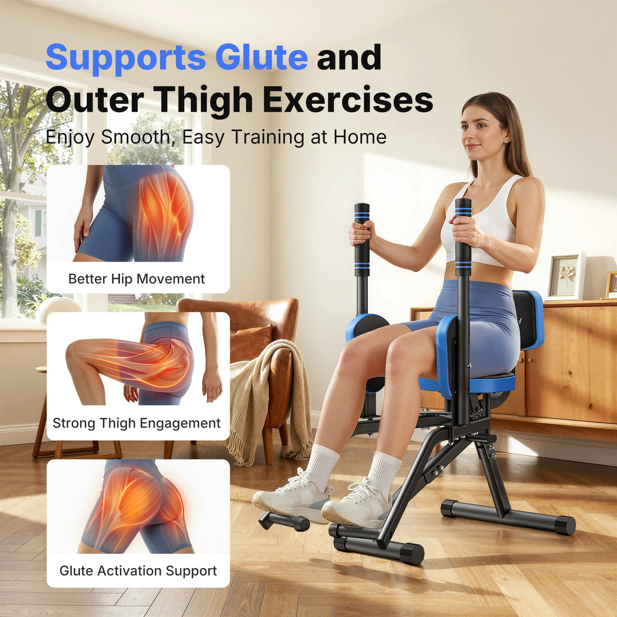 MERACH Hip Abductor Machine Butt Toning Leg Trainer Adjustable Resistance Glute & Outer Thigh Workout Equipment for Home Gym Booty Builder with Bands and Dual Foot Bar 360° Rotating Leg Pads for Women/Sedentary/Postpartum Re