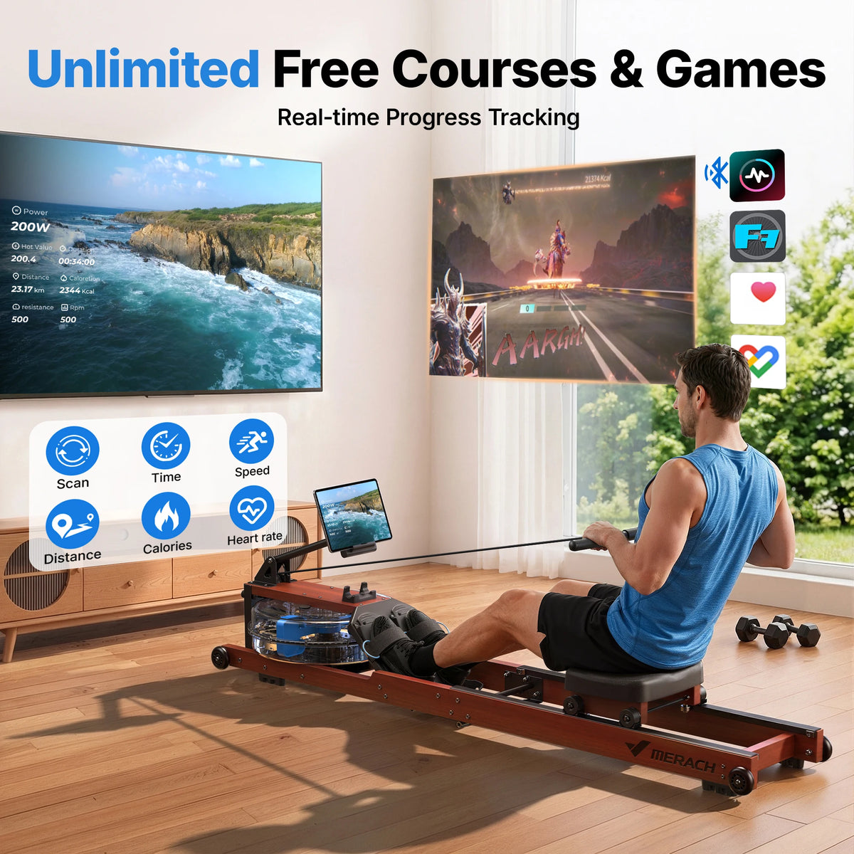 Merach R280 Water Rowing Machine, Foldable & Space-Saving 400lbs Capacity Immersive Rowing Feel Water Resistance Adjustment Leak-Free and Sturdy Premium Solid Wood Frame with 10-Min Easy Assembly