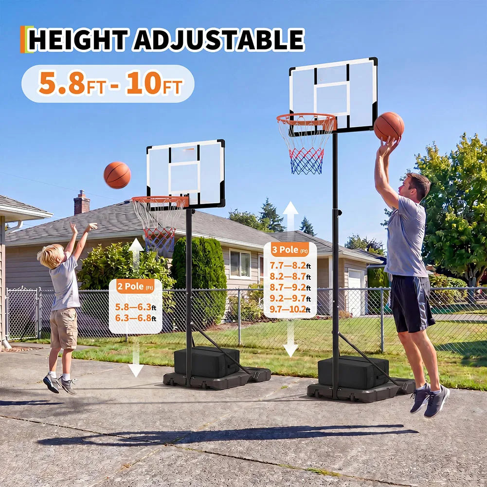 Portable Basketball Hoop Outdoor, 3-10FT Adjustable Basketball Goal, 30/38/44 Inch Backboard, w/Fillable Base, Extra Anchor & Wheels, for Kids Youth Teens Adults in Backyard Driveway Court