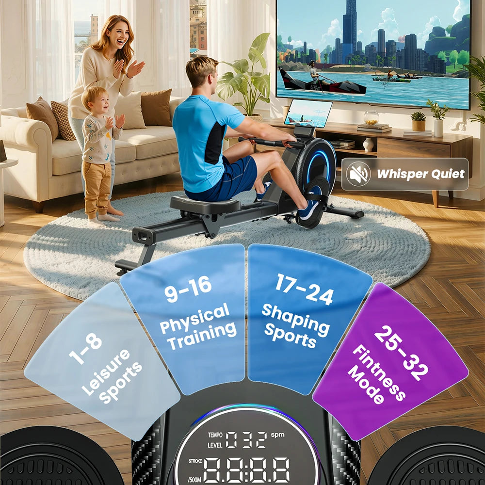 Home Rowing Machine 32Level Adjustable Resistance 300LBS Trainer Row Machine LED Monitor Tablet Holder Bluetooth Fitness Machine