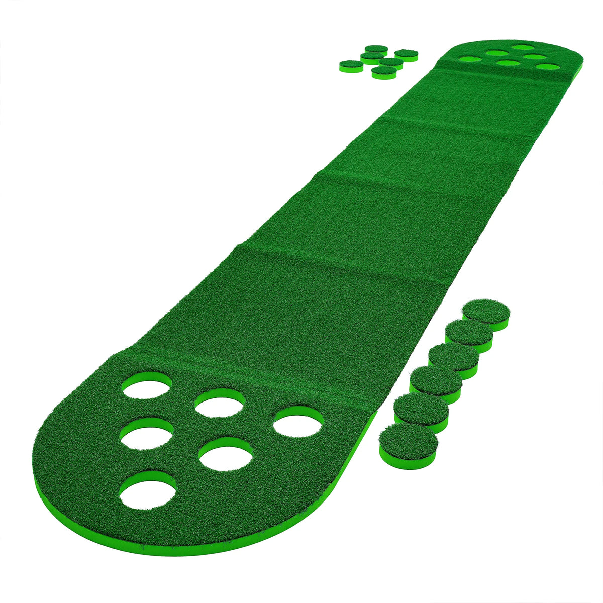 Mini Golf Course 118x19in, Putter Golf Pong Mat with 12 Holes, 2 Adjustable Clubs & 2 Balls for Family Fun