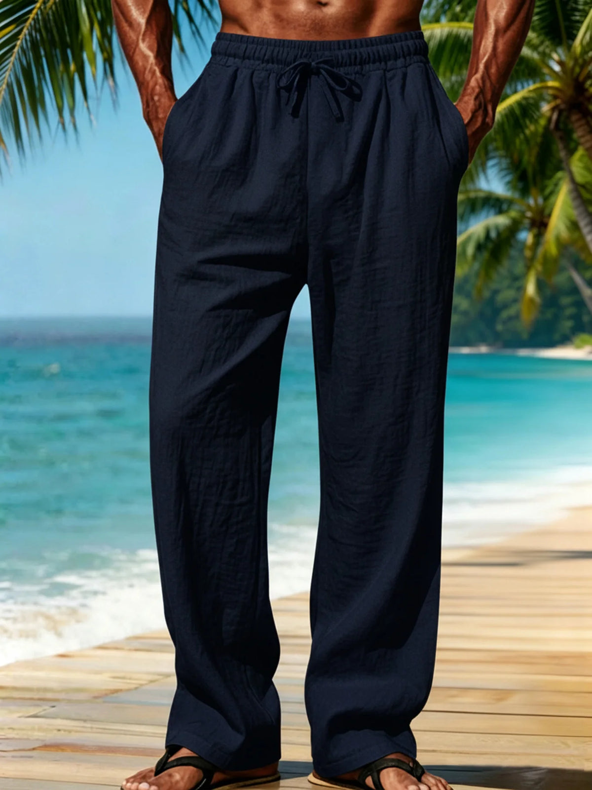 Men Textured Wide Leg Pants Wrinkle‑Resistant Drawstring Elastic Waist Loose Straight Trousers Casual Beach Long Pants For Men