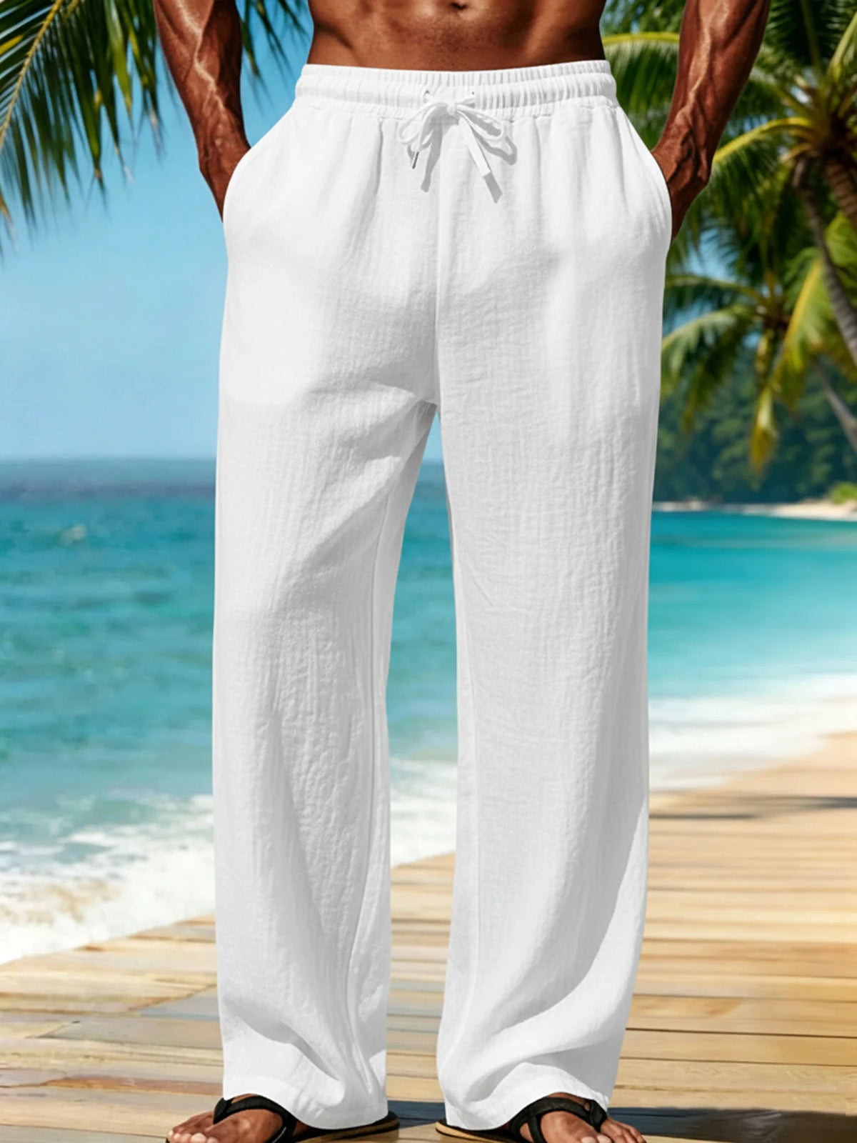 Men Textured Wide Leg Pants Wrinkle‑Resistant Drawstring Elastic Waist Loose Straight Trousers Casual Beach Long Pants For Men