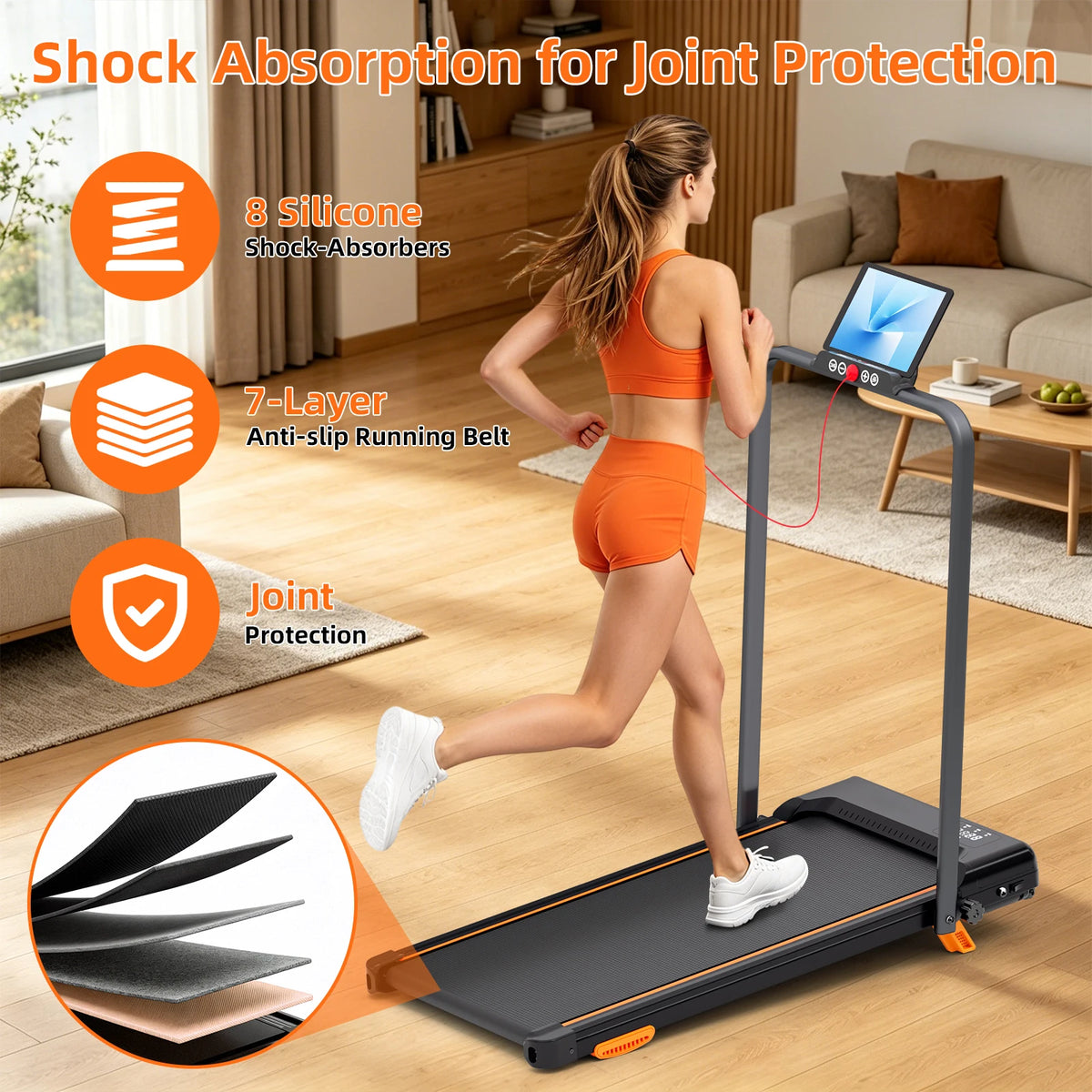 Folding Treadmill 12 % Incline 3.0HP Quiet Motor Under 45Db 330LBS Capacity 5 Layer Shock Absorb Belt 12 Workout Modes Heart Rate Monitoring Speaker Tablet Stand Space Saving Home Fitness Equipment