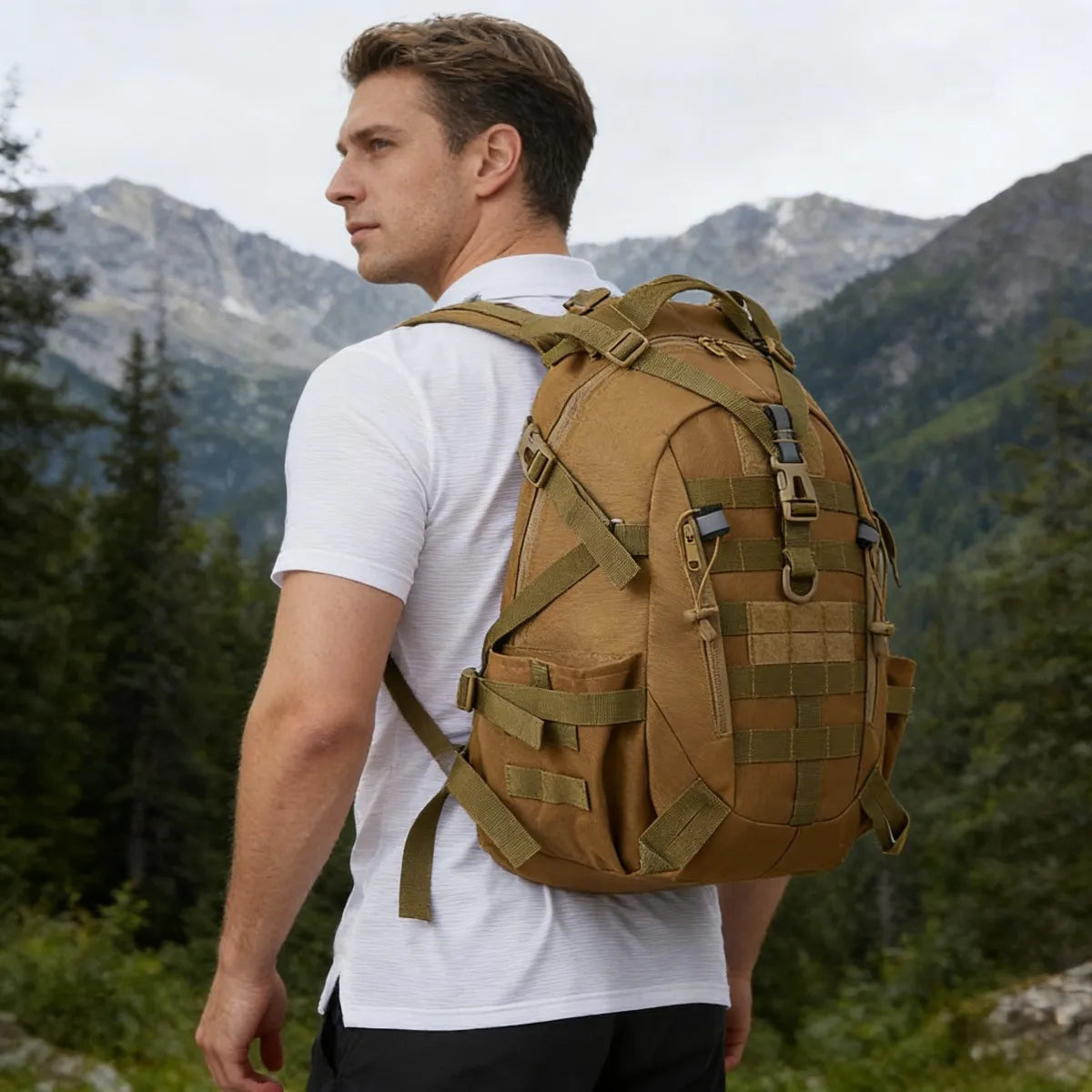 35L Tactical Gym Backpack for Men with MOLLE System & Reflective Strip, Outdoor Fitness Rucksack with Dual Cup Holders & Compression Straps, Travel Training Sports Gear Bag