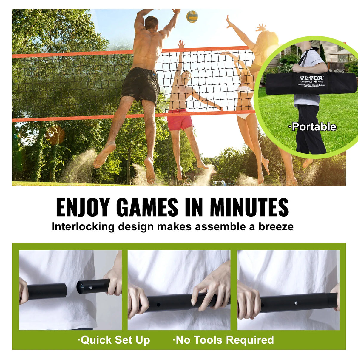 SucceBuy 1.25-1.75inch Outdoor Volleyball Net System Adjustable Height Aluminum Poles Volleyball Set with Pump Carrying Bag