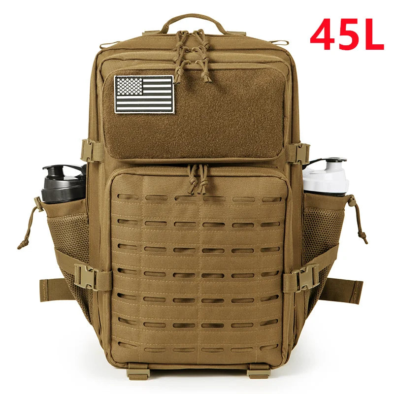 45L Large Capacity Tactical Gym Fitness Backpack For Men With MOLLE Webbing System Dual Cup Holders Outdoor Survival Hiking Camping Rucksack For Wilderness Trip Travel Daily Work Commute Outdoor Camping Activities Gear Storag