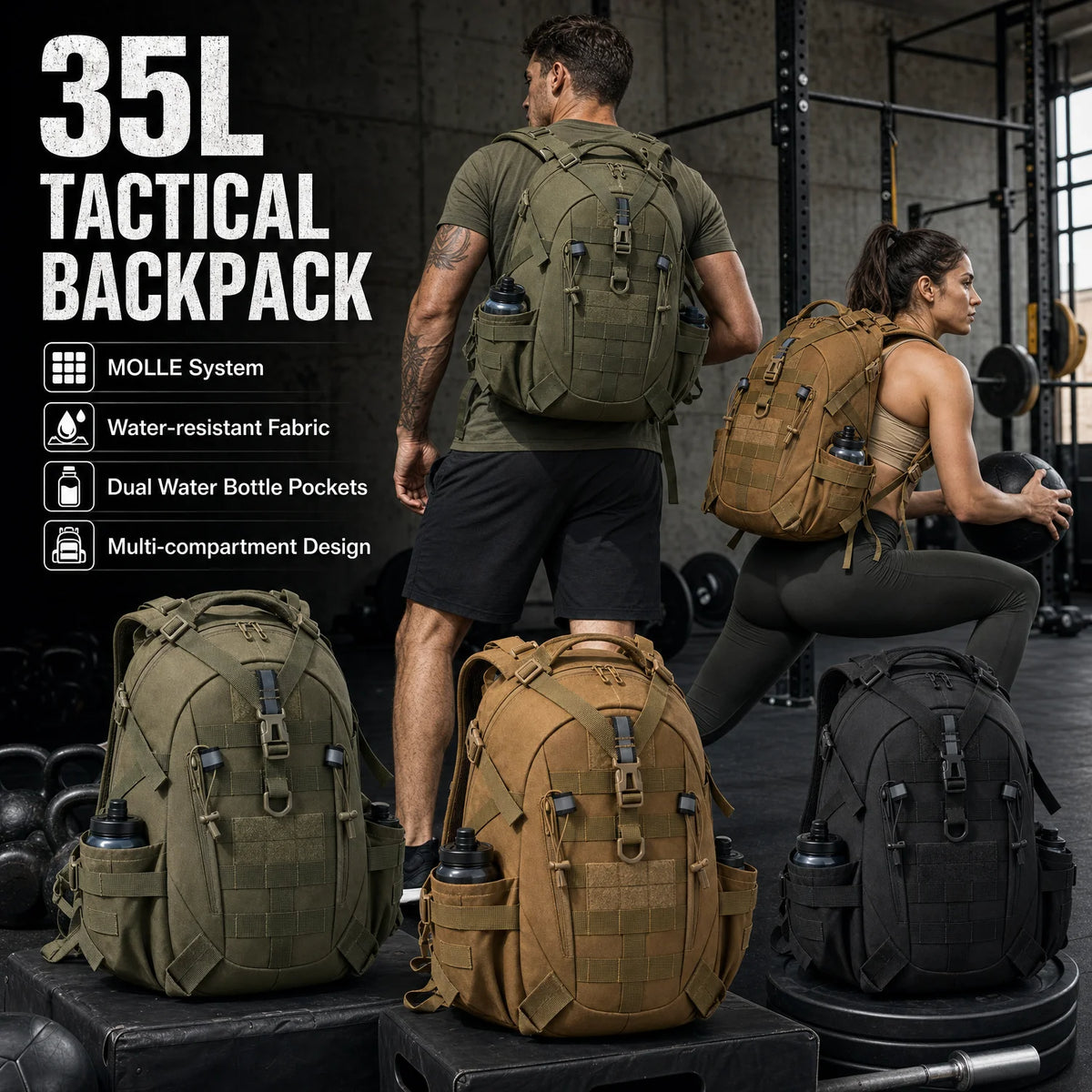 35L Tactical Gym Backpack for Men with MOLLE System & Reflective Strip, Outdoor Fitness Rucksack with Dual Cup Holders & Compression Straps, Travel Training Sports Gear Bag