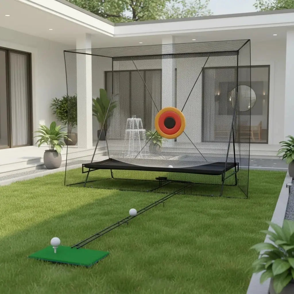 10x8ft Golf Hitting Practice Net with Dual Side Net Barriers, Heavy Duty Steel Frame, Practice Mat, Targets & Automatic Ball Return for Backyard Driving, Chipping, Swing Training Indoor & Outdoor