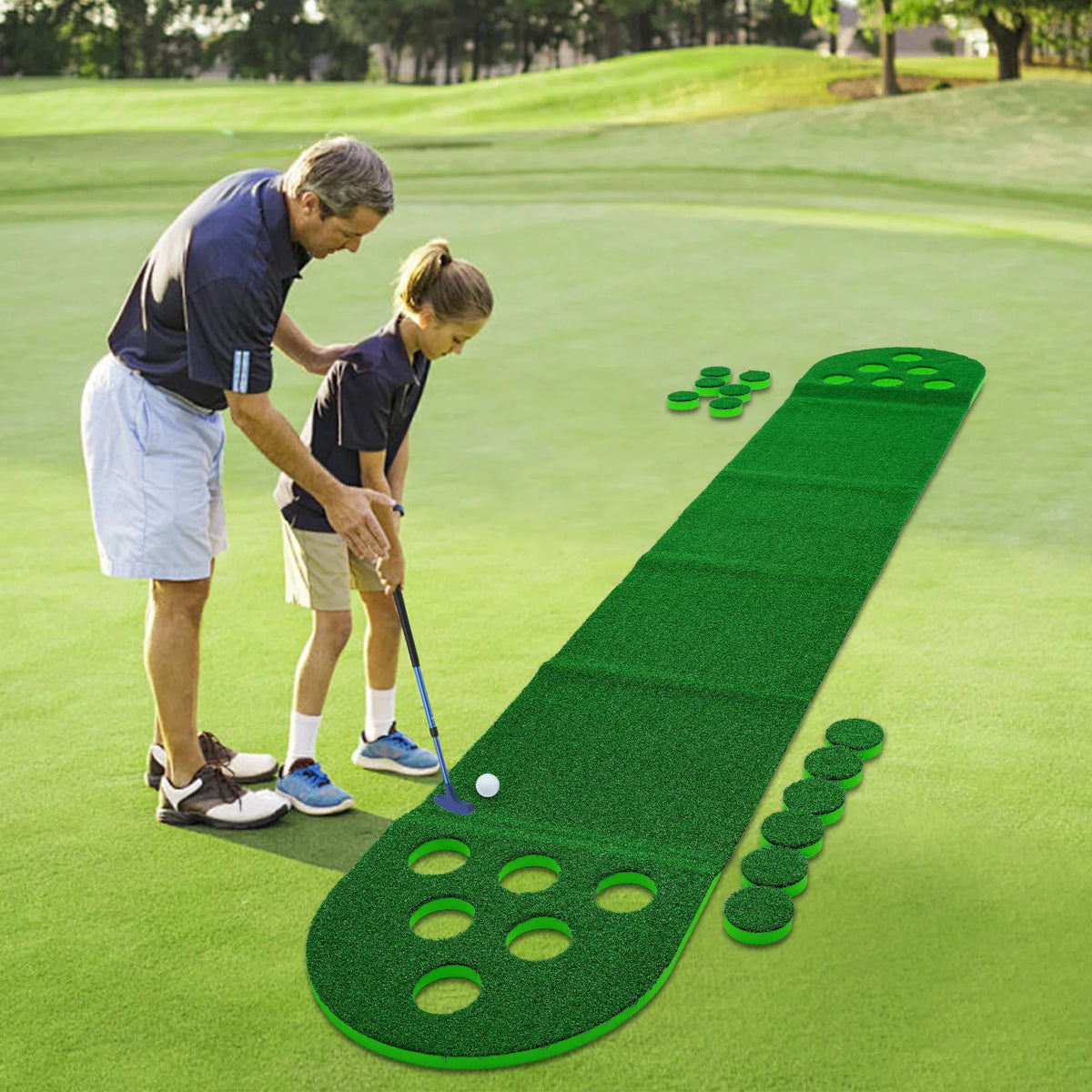 Mini Golf Course 118x19in, Putter Golf Pong Mat with 12 Holes, 2 Adjustable Clubs & 2 Balls for Family Fun