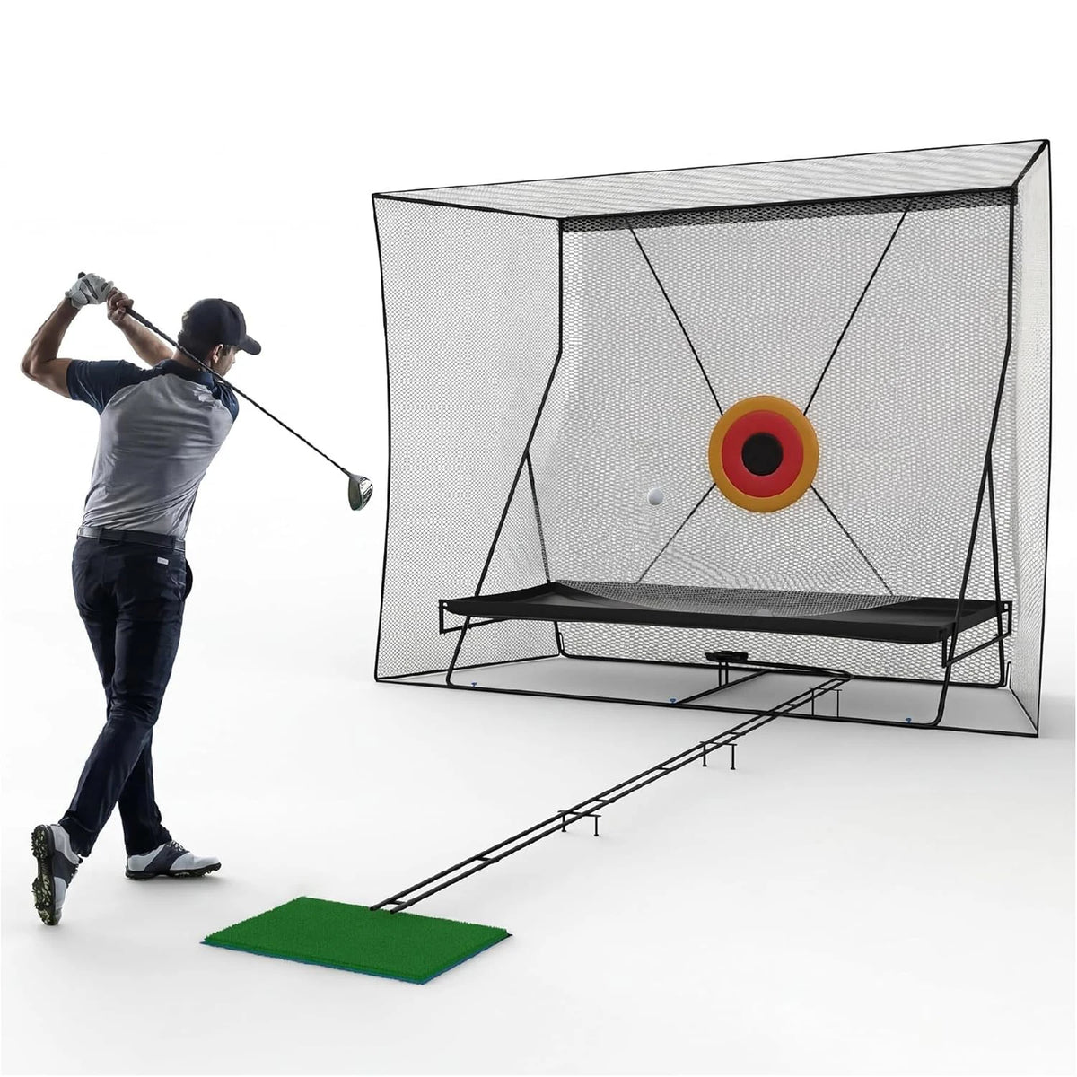 10x8ft Golf Hitting Practice Net with Dual Side Net Barriers, Heavy Duty Steel Frame, Practice Mat, Targets & Automatic Ball Return for Backyard Driving, Chipping, Swing Training Indoor & Outdoor