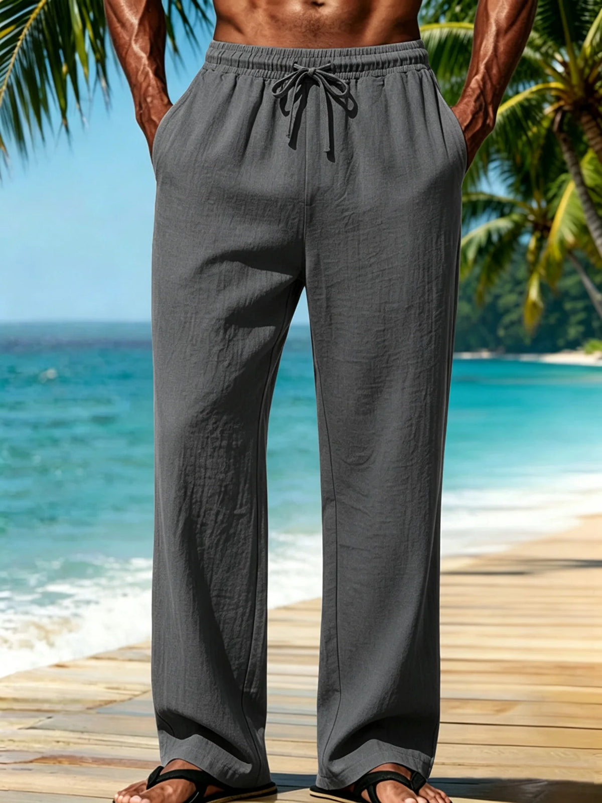 Men Textured Wide Leg Pants Wrinkle‑Resistant Drawstring Elastic Waist Loose Straight Trousers Casual Beach Long Pants For Men