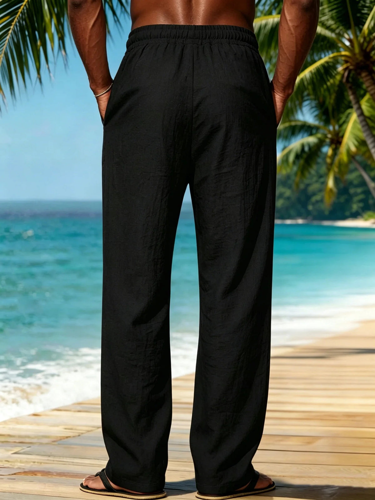 Men Textured Wide Leg Pants Wrinkle‑Resistant Drawstring Elastic Waist Loose Straight Trousers Casual Beach Long Pants For Men