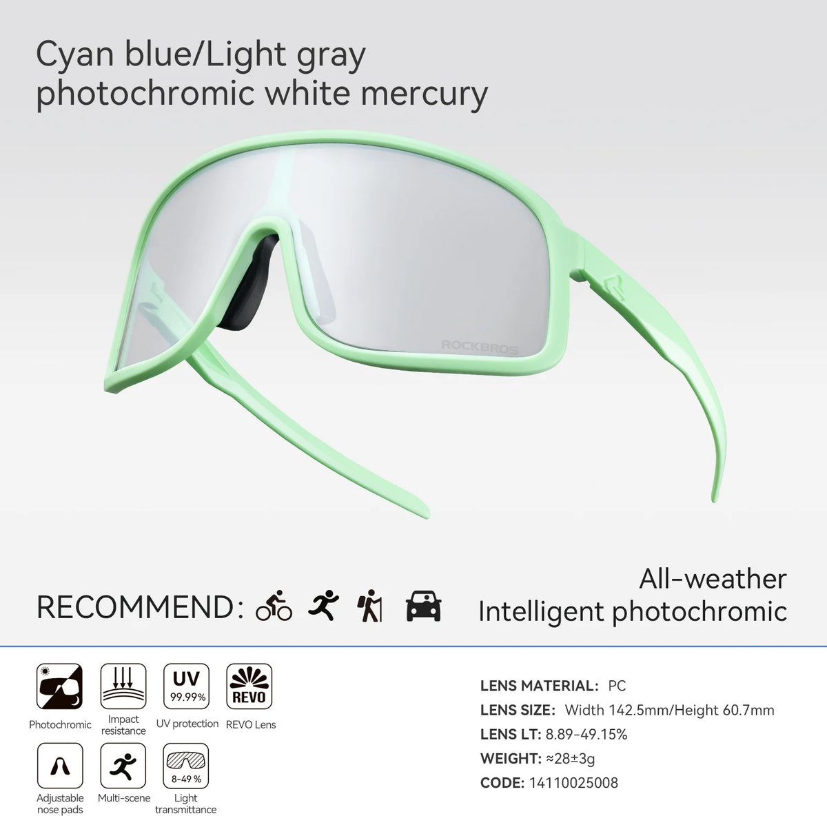 ROCKBROS Cycling Glasses Photochromic Outdoor Bike Sunglasses UV400 Eyewear Sports Eye Protection Windproof Riding Big Frame Polarized Glasse