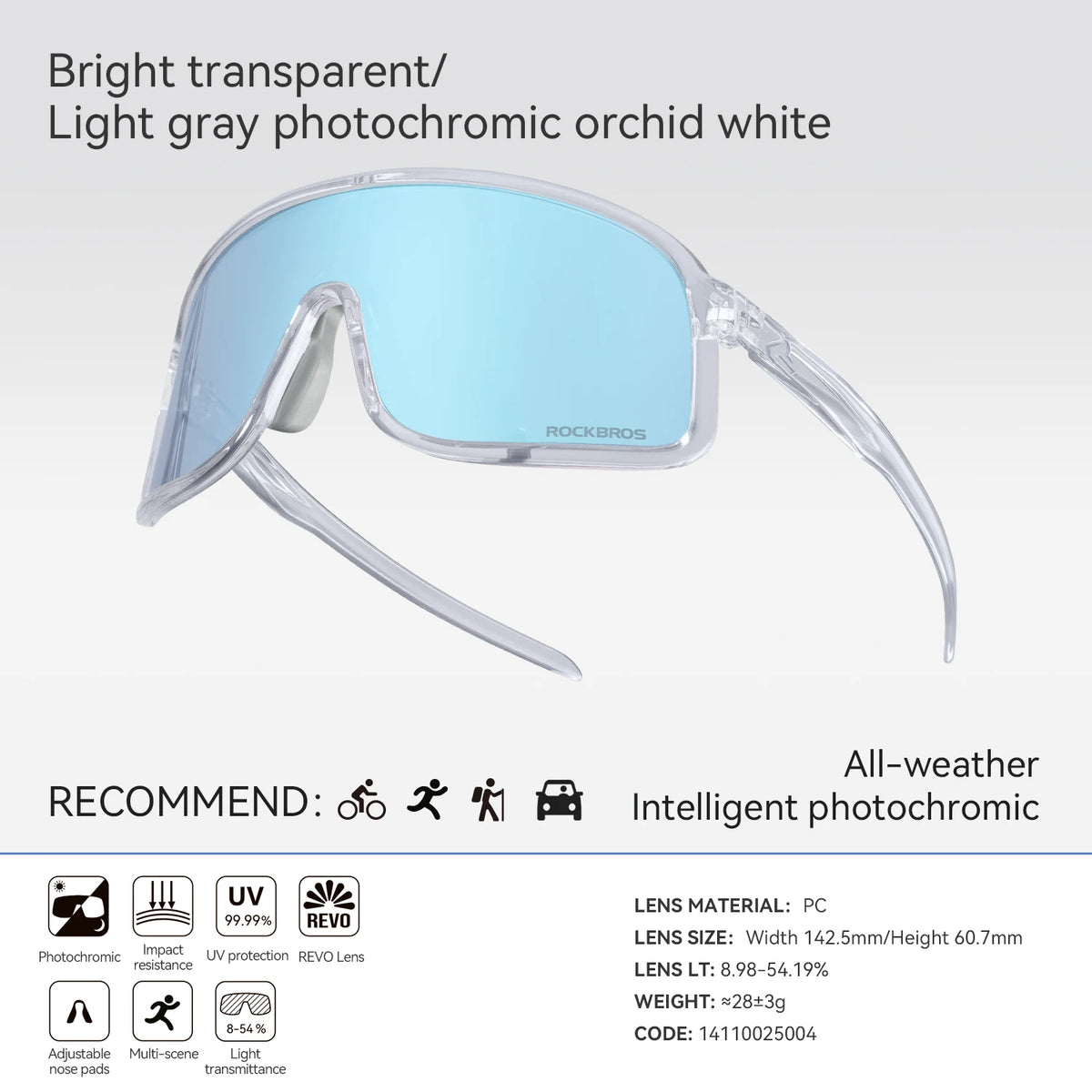 ROCKBROS Cycling Glasses Photochromic Outdoor Bike Sunglasses UV400 Eyewear Sports Eye Protection Windproof Riding Big Frame Polarized Glasse