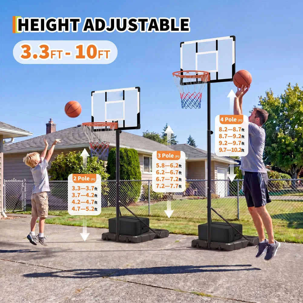 Portable Basketball Hoop Outdoor, 3-10FT Adjustable Basketball Goal, 30/38/44 Inch Backboard, w/Fillable Base, Extra Anchor & Wheels, for Kids Youth Teens Adults in Backyard Driveway Court