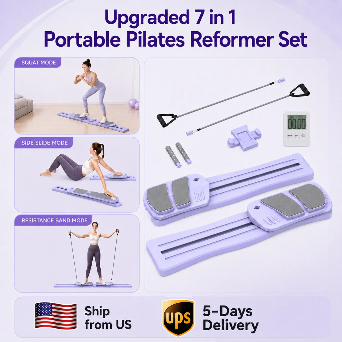 Pilates Board for Home Workout - Upgraded 7 in 1 Portable Pilates Reformer Set, Multifunctional Ab Trainer with Resistance Bands