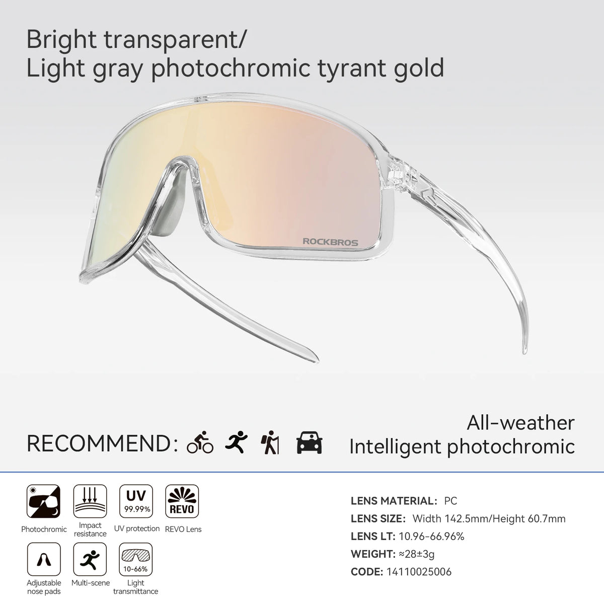 ROCKBROS Cycling Glasses Photochromic Outdoor Bike Sunglasses UV400 Eyewear Sports Eye Protection Windproof Riding Big Frame Polarized Glasse