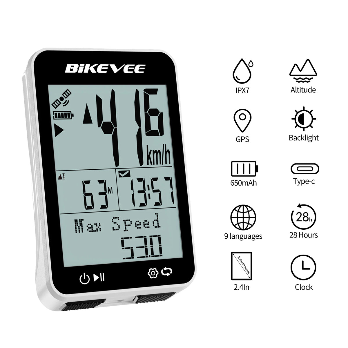 BIKEVEE Outdoor Fitness Sports Multi-Language USB-C Rechargeable GPS Wireless Bike Computer with Auto Backlighted Stand MPH KM/H Waterproof Bicycle Speedometer Odometer Stopwatch Tracker Multi-Language