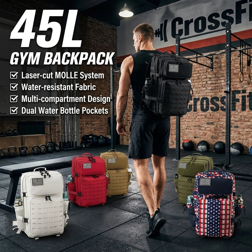 45L Large Capacity Tactical Gym Fitness Backpack For Men With MOLLE Webbing System Dual Cup Holders Outdoor Survival Hiking Camping Rucksack For Wilderness Trip Travel Daily Work Commute Outdoor Camping Activities Gear Storag