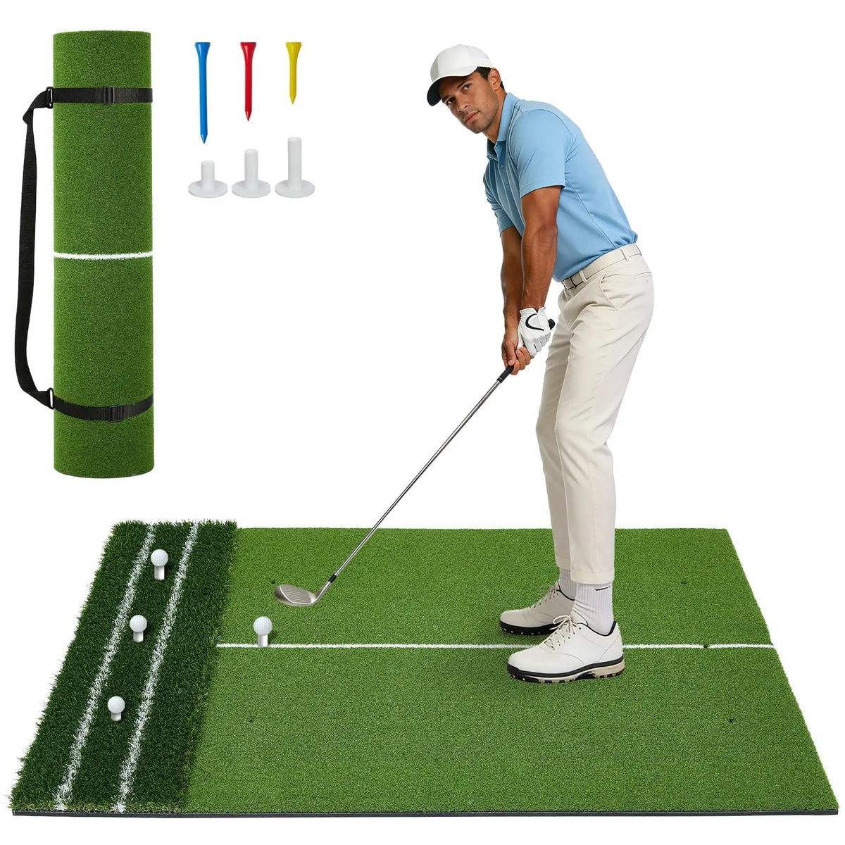 5x4ft Dual Turf Golf Practice Mat With Alignment Lines Indoor Outdoor Golf Hitting Pad Swing Chipping Trainer Backyard