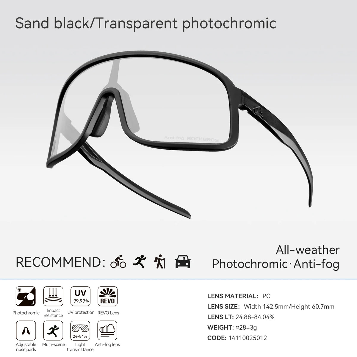 ROCKBROS Cycling Glasses Photochromic Outdoor Bike Sunglasses UV400 Eyewear Sports Eye Protection Windproof Riding Big Frame Polarized Glasse