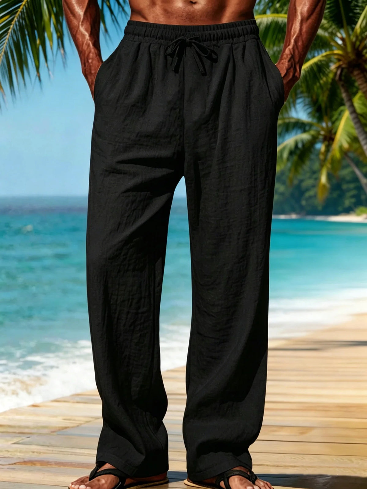 Men Textured Wide Leg Pants Wrinkle‑Resistant Drawstring Elastic Waist Loose Straight Trousers Casual Beach Long Pants For Men