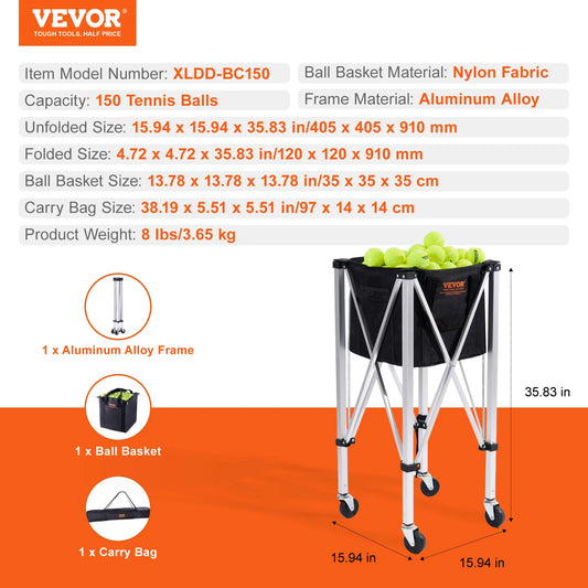 SucceBuy Foldable Tennis Ball Cart Holds 150/180 Tennis Balls Basket Hopper with Wheels for Sports Teaching Baseball Trolley