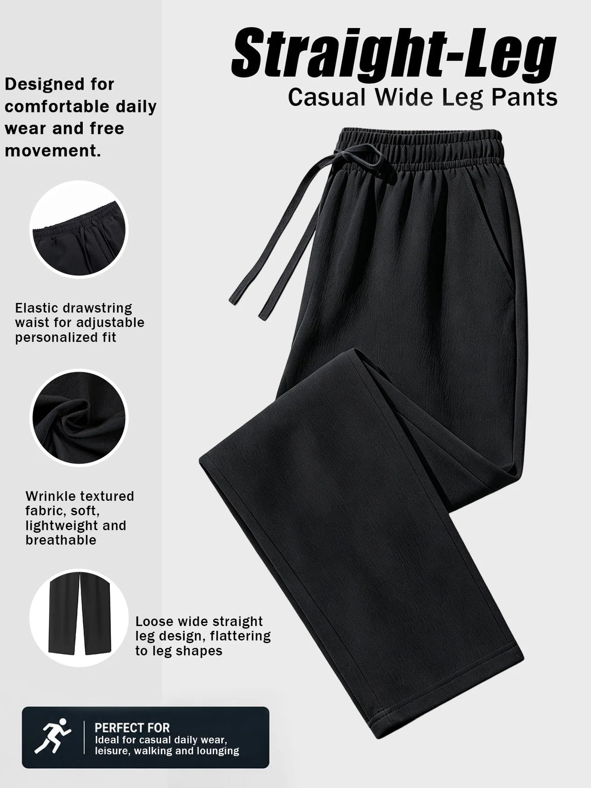 Men Textured Wide Leg Pants Wrinkle‑Resistant Drawstring Elastic Waist Loose Straight Trousers Casual Beach Long Pants For Men
