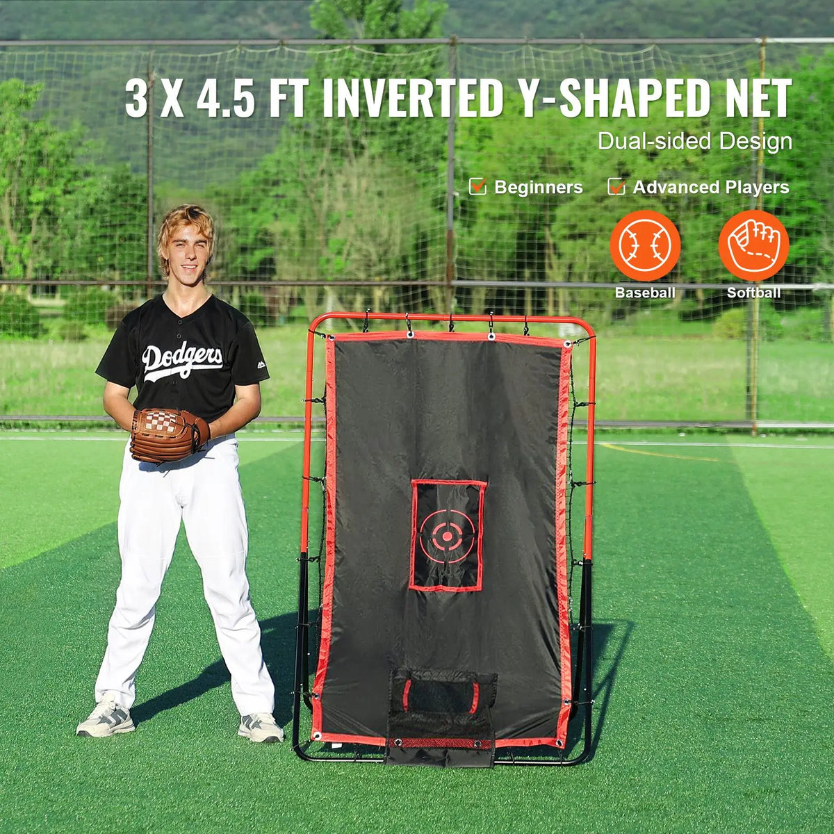 Baseball And Softball Rebounder Net, 3.5 x 4.5 ft 2-in-1 Switch Hitter Pitch Trainer, PitchBack Baseball Pitching Return Trainer Nest, Bounce Back Net for Fielding/Throwing Practice