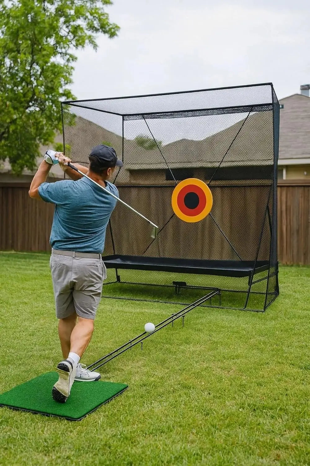 10x8ft Golf Hitting Practice Net with Dual Side Net Barriers, Heavy Duty Steel Frame, Practice Mat, Targets & Automatic Ball Return for Backyard Driving, Chipping, Swing Training Indoor & Outdoor